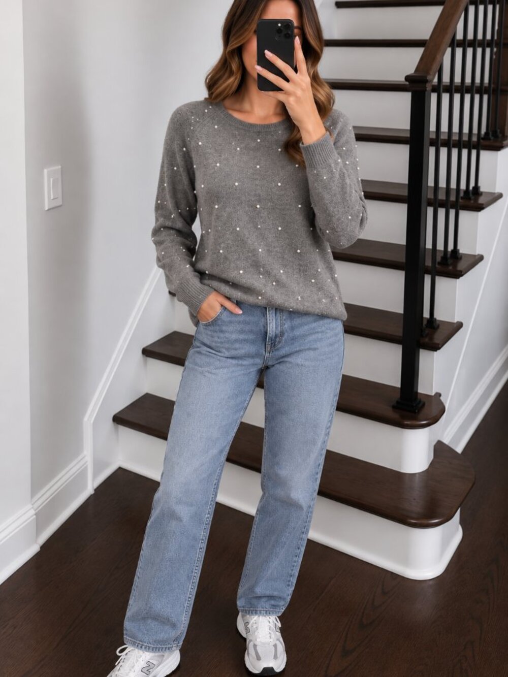 InCashmere Grey Pearl-Dotted Crewneck Sweater